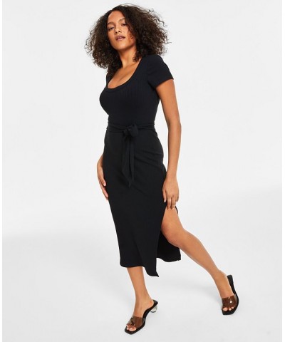 Women's Ribbed Short-Sleeve Midi Dress Black $23.31 Dresses