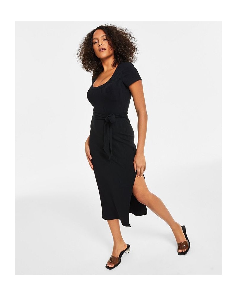 Women's Ribbed Short-Sleeve Midi Dress Black $23.31 Dresses