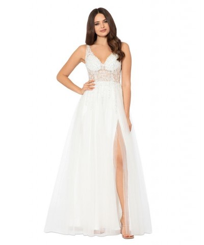 Juniors' Mesh-Bodice Rhinestone-Embellished Gown Ivory $121.38 Dresses