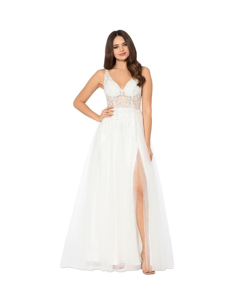 Juniors' Mesh-Bodice Rhinestone-Embellished Gown Ivory $121.38 Dresses