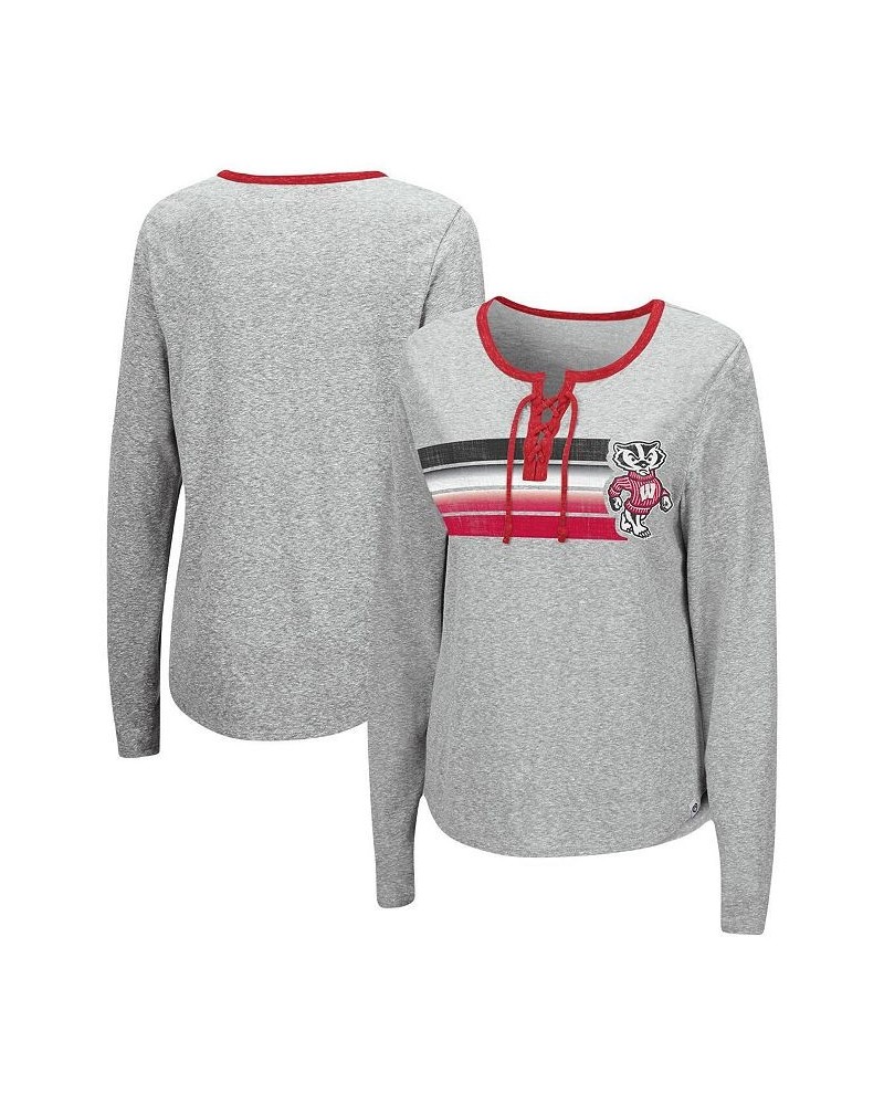 Women's Heathered Gray Wisconsin Badgers Sundial Tri-Blend Long Sleeve Lace-Up T-shirt Heathered Gray $26.99 Tops