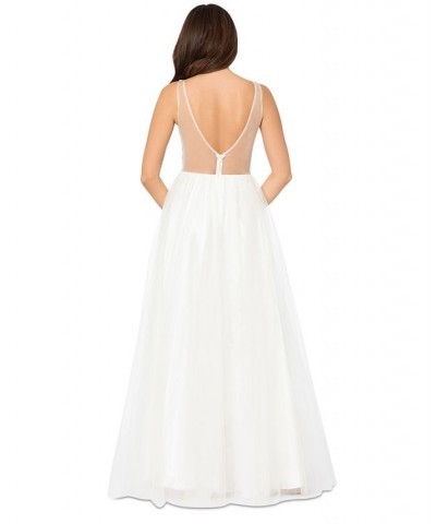 Juniors' Mesh-Bodice Rhinestone-Embellished Gown Ivory $121.38 Dresses