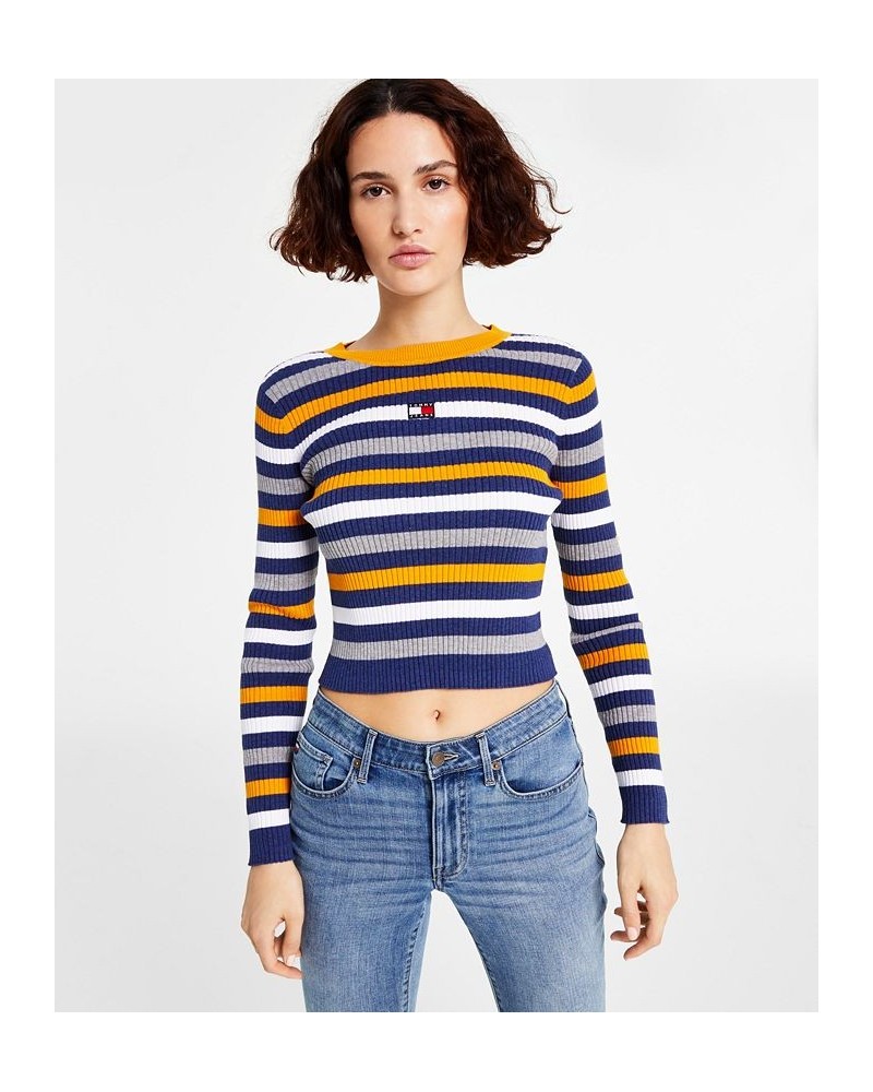 Women's Cotton Striped Ribbed Sweater Yellow $21.77 Sweaters