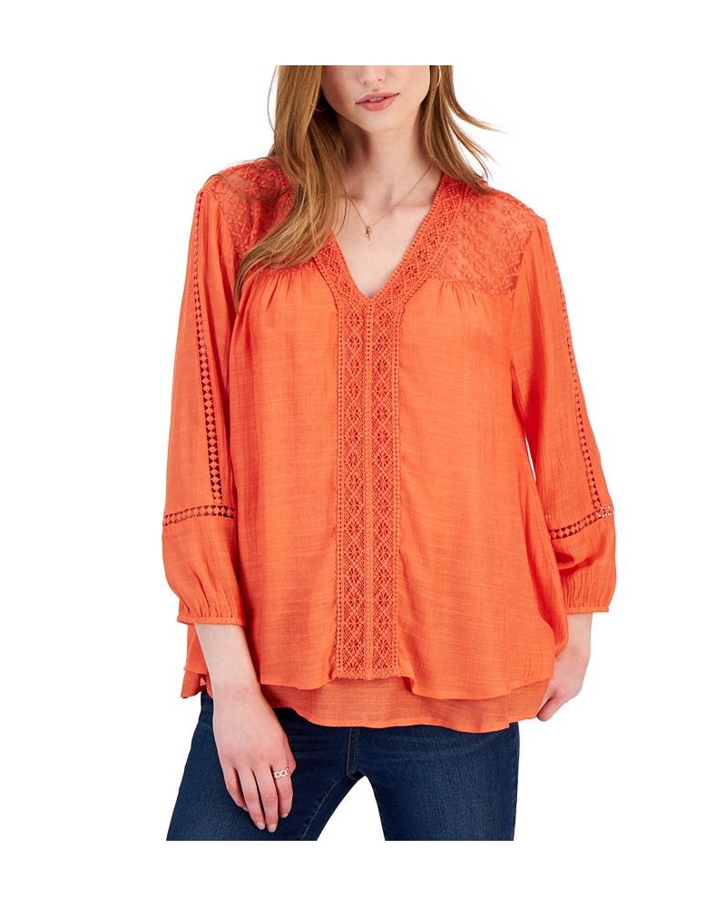 Women's 3/4-Sleeve Embroidered Lace Top Calm Coral $13.90 Tops