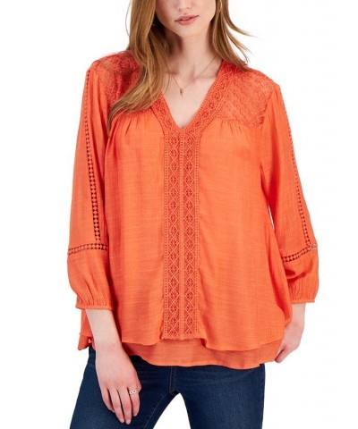 Women's 3/4-Sleeve Embroidered Lace Top Calm Coral $13.90 Tops