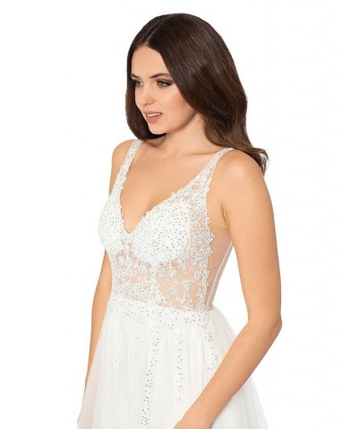 Juniors' Mesh-Bodice Rhinestone-Embellished Gown Ivory $121.38 Dresses