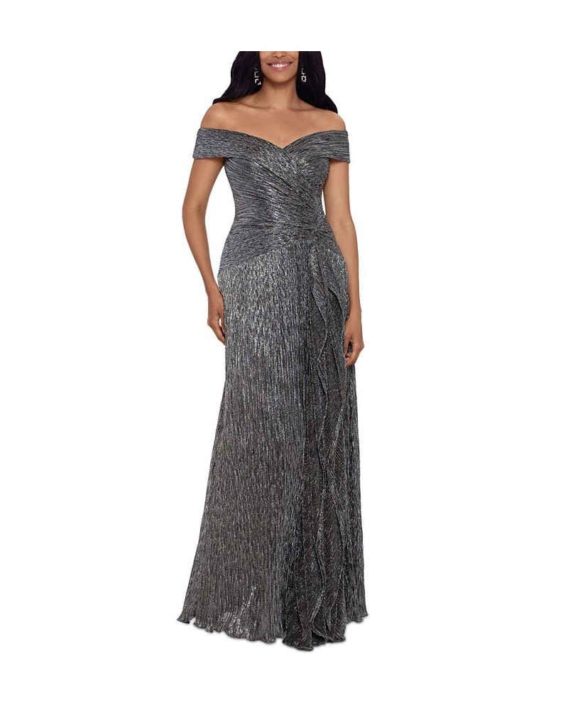 Off-The-Shoulder Metallic-Knit Gown Black/Gold $72.00 Dresses