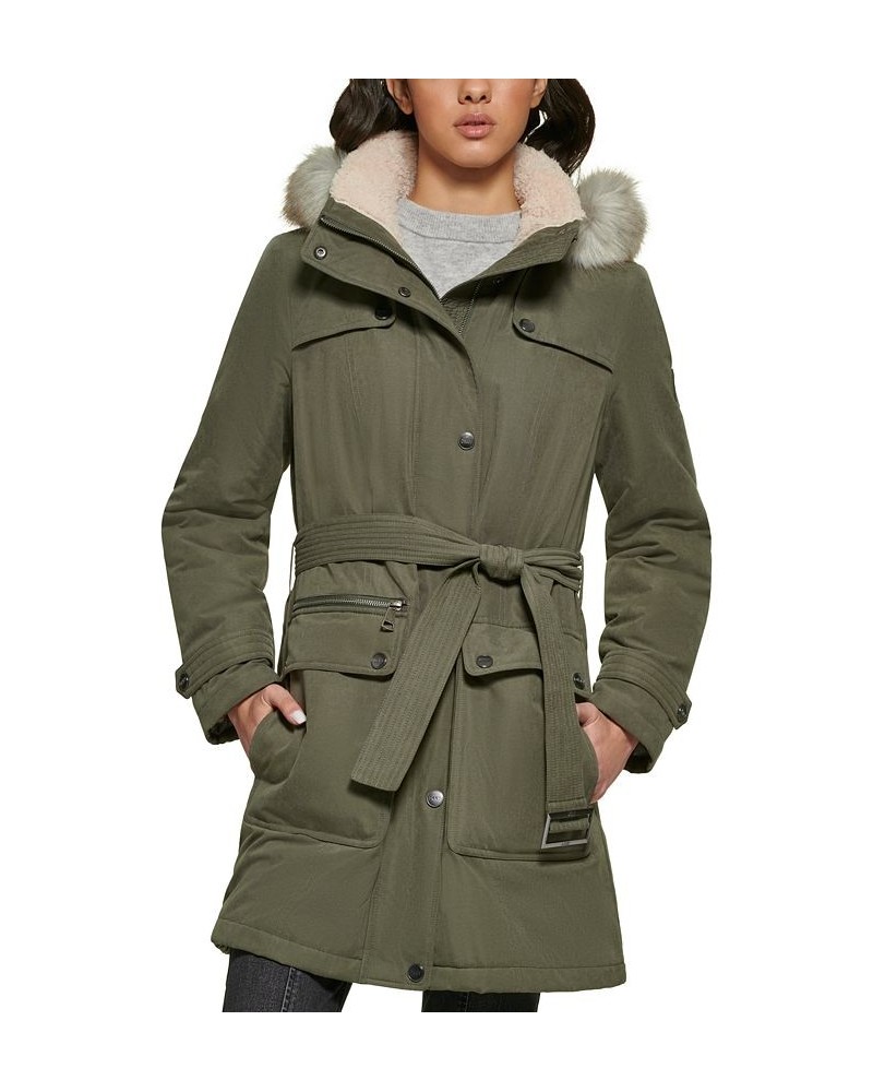 Women's Belted Faux-Fur-Trim Hooded Anorak Green $52.50 Coats