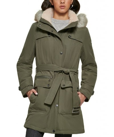 Women's Belted Faux-Fur-Trim Hooded Anorak Green $52.50 Coats