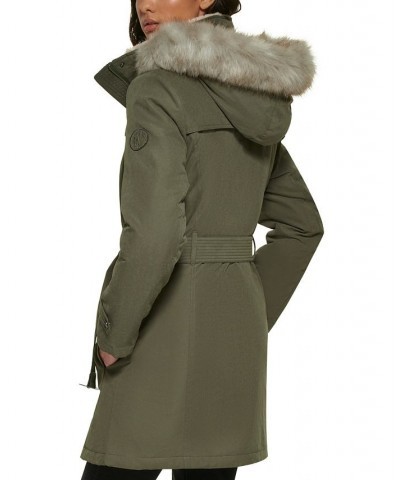 Women's Belted Faux-Fur-Trim Hooded Anorak Green $52.50 Coats