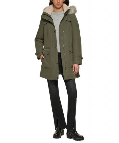 Women's Belted Faux-Fur-Trim Hooded Anorak Green $52.50 Coats