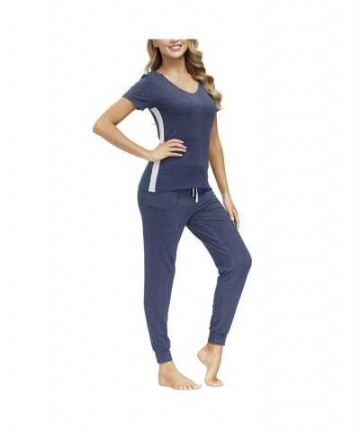 Women's V-neck Tee with Joggers 2 Pieces Blue $33.66 Sleepwear