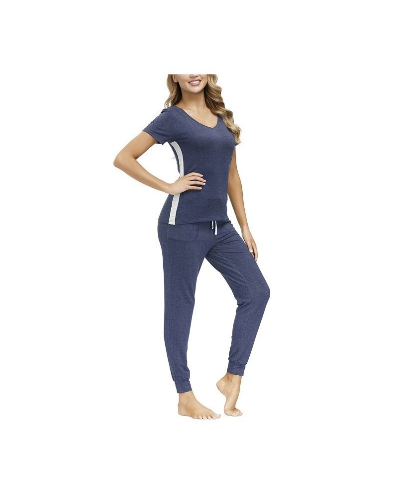 Women's V-neck Tee with Joggers 2 Pieces Blue $33.66 Sleepwear