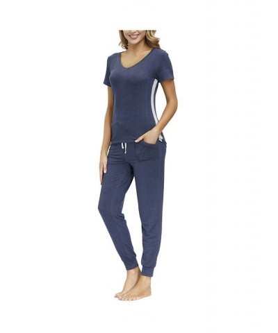 Women's V-neck Tee with Joggers 2 Pieces Blue $33.66 Sleepwear