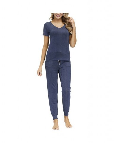 Women's V-neck Tee with Joggers 2 Pieces Blue $33.66 Sleepwear