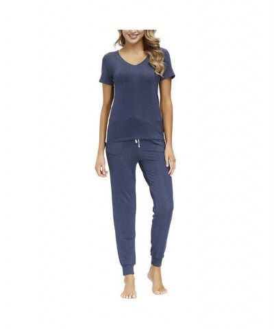 Women's V-neck Tee with Joggers 2 Pieces Blue $33.66 Sleepwear