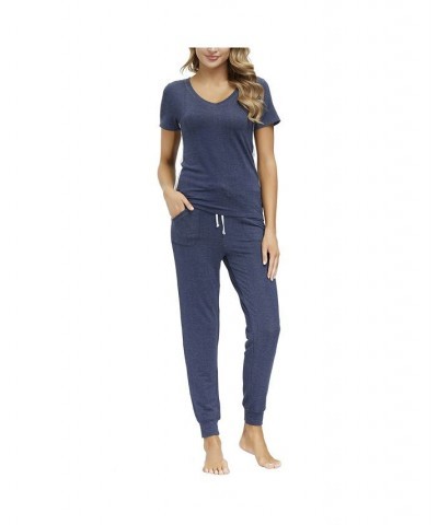 Women's V-neck Tee with Joggers 2 Pieces Blue $33.66 Sleepwear