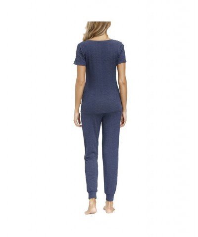 Women's V-neck Tee with Joggers 2 Pieces Blue $33.66 Sleepwear