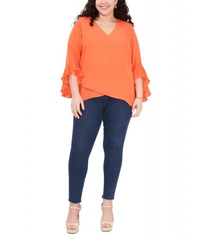 Plus Size Flutter-Sleeve Crossover-Hem Top Orange $23.98 Tops