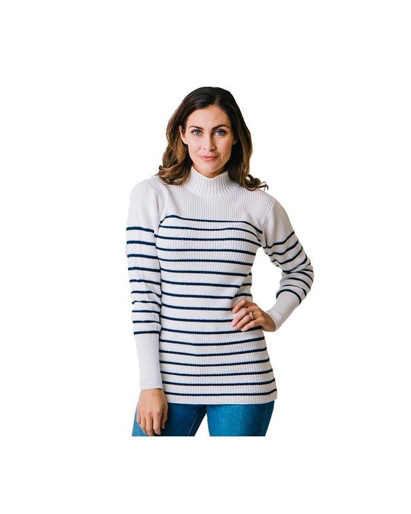 Women's Long Sleeve Mock Neck Breton Sweater Soft White and Navy Stripe $20.98 Sweaters