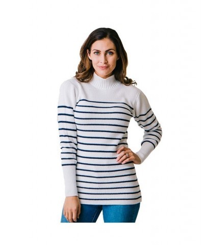 Women's Long Sleeve Mock Neck Breton Sweater Soft White and Navy Stripe $20.98 Sweaters