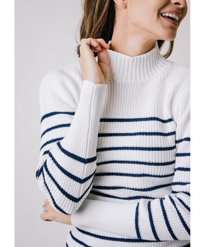 Women's Long Sleeve Mock Neck Breton Sweater Soft White and Navy Stripe $20.98 Sweaters