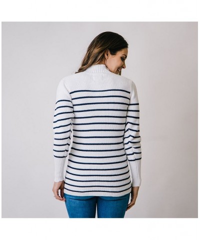 Women's Long Sleeve Mock Neck Breton Sweater Soft White and Navy Stripe $20.98 Sweaters