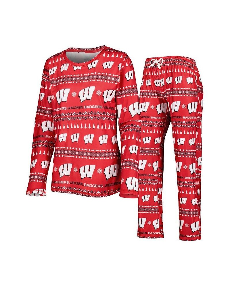 Women's Red Wisconsin Badgers Flurry Ugly Sweater Long Sleeve T-shirt and Pants Sleep Set Red $33.60 Pajama