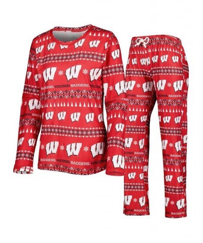 Women's Red Wisconsin Badgers Flurry Ugly Sweater Long Sleeve T-shirt and Pants Sleep Set Red $33.60 Pajama