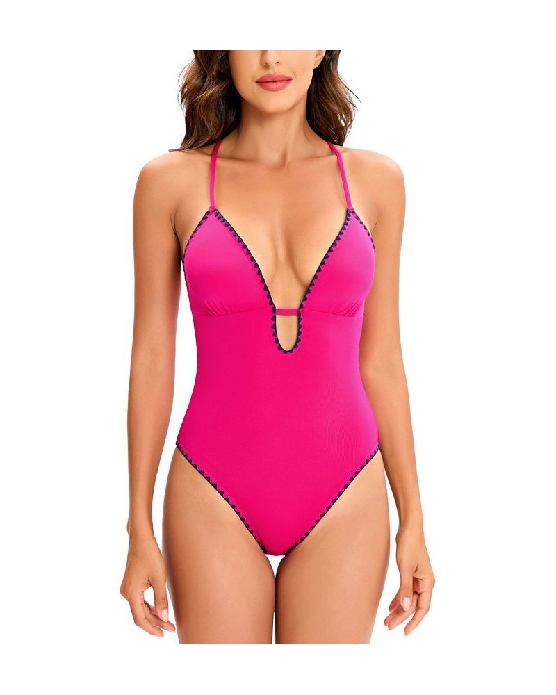 Women's Stitch-Trimmed Plunging One-Piece Swimsuit Pink $48.84 Swimsuits