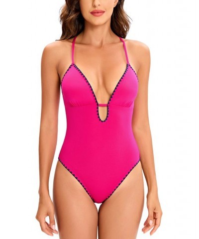 Women's Stitch-Trimmed Plunging One-Piece Swimsuit Pink $48.84 Swimsuits