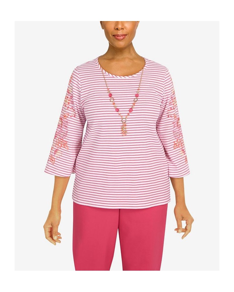 Petite Hot Stripe Embroidered Sleeve Top with Necklace Hot Pink $28.50 Tops