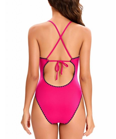 Women's Stitch-Trimmed Plunging One-Piece Swimsuit Pink $48.84 Swimsuits