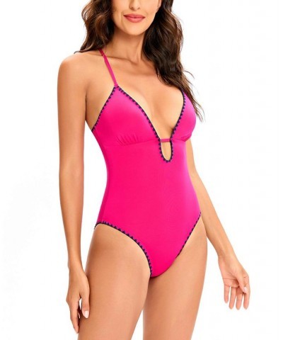 Women's Stitch-Trimmed Plunging One-Piece Swimsuit Pink $48.84 Swimsuits