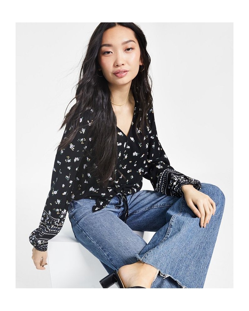 Juniors' Printed Tie-Front Long-Sleeve Woven Top Black $15.29 Tops