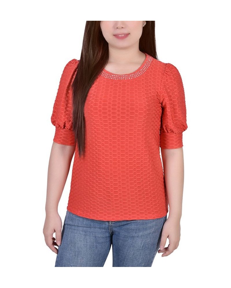 Petite Puff Sleeve Honeycomb Knit Top Orange $17.10 Tops