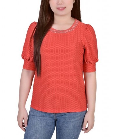 Petite Puff Sleeve Honeycomb Knit Top Orange $17.10 Tops