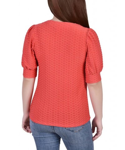 Petite Puff Sleeve Honeycomb Knit Top Orange $17.10 Tops