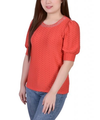 Petite Puff Sleeve Honeycomb Knit Top Orange $17.10 Tops