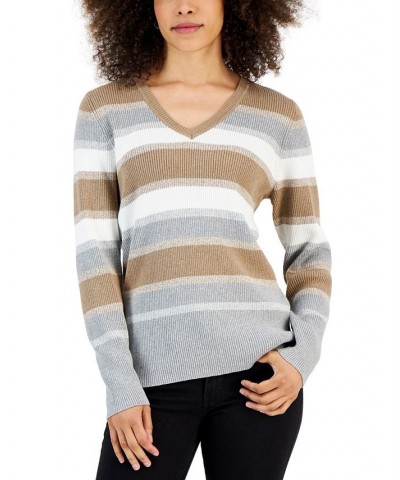 Petite Cotton V-Neck Ribbed Sweater Chestnut Heather Combo $10.09 Sweaters