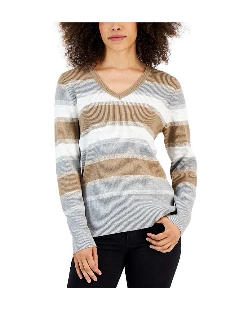 Petite Cotton V-Neck Ribbed Sweater Chestnut Heather Combo $10.09 Sweaters