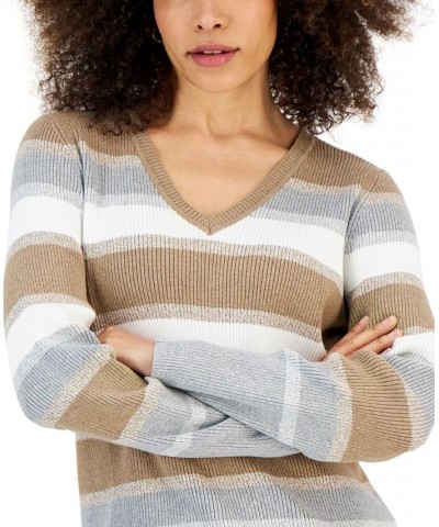 Petite Cotton V-Neck Ribbed Sweater Chestnut Heather Combo $10.09 Sweaters