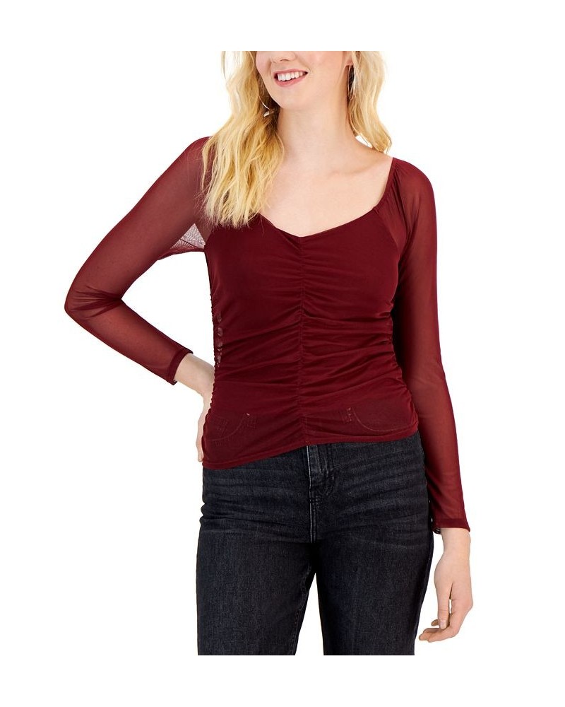 Juniors' Ruched-Front Mesh-Sleeve Top Brandy Port $11.61 Tops