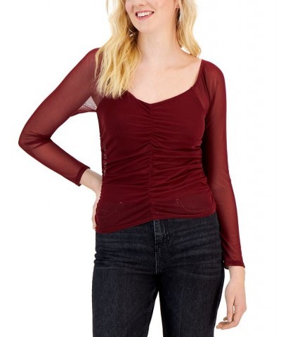 Juniors' Ruched-Front Mesh-Sleeve Top Brandy Port $11.61 Tops