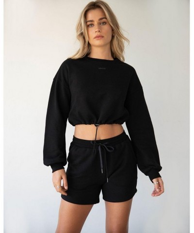 Rebody Puff Sleeve Crop Sweatshirt for Women Black $36.55 Sweatshirts