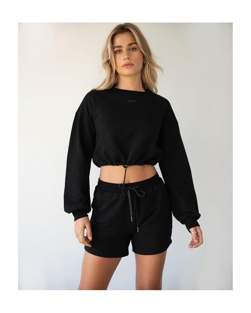 Rebody Puff Sleeve Crop Sweatshirt for Women Black $36.55 Sweatshirts