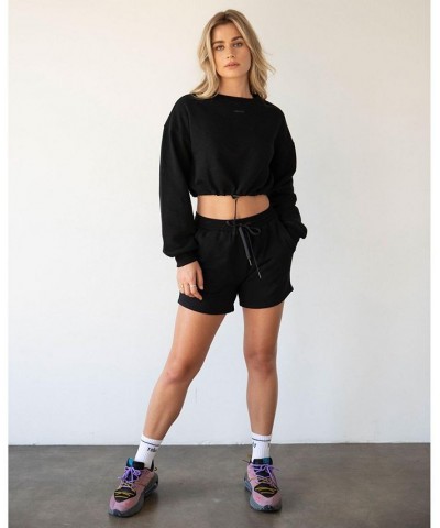 Rebody Puff Sleeve Crop Sweatshirt for Women Black $36.55 Sweatshirts