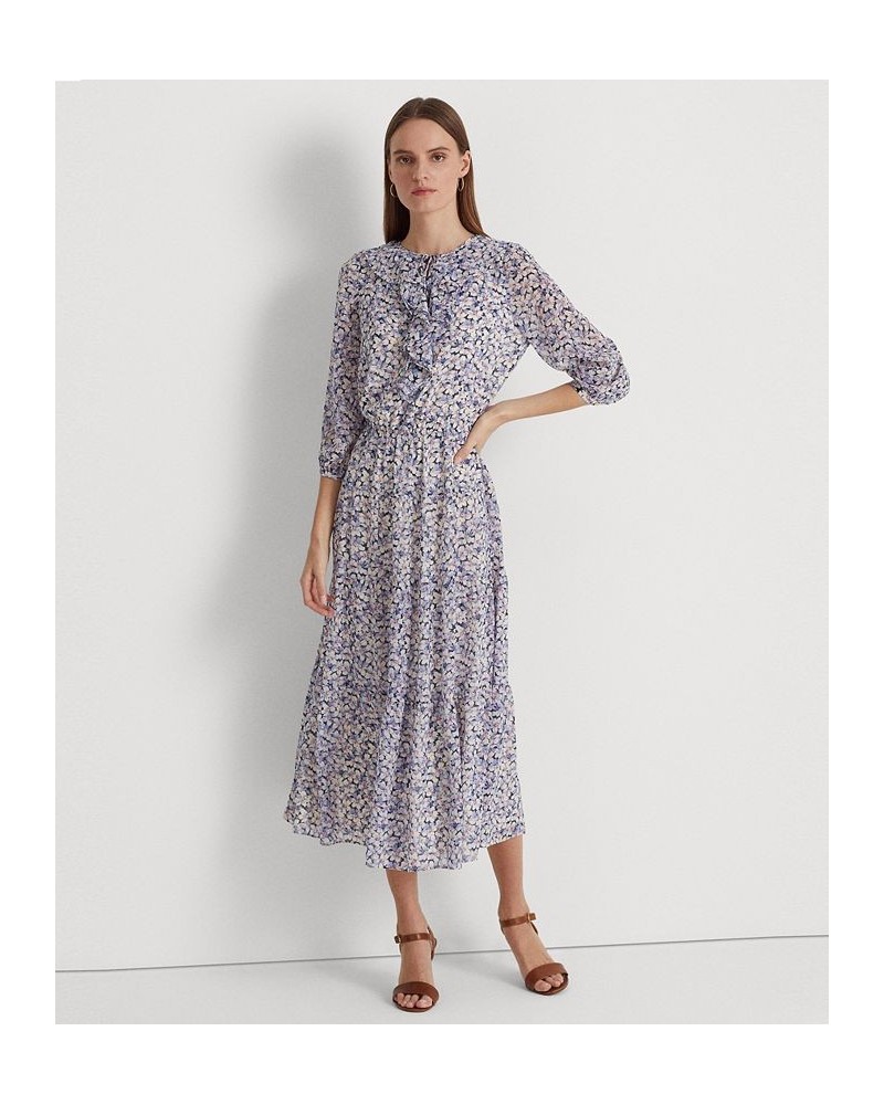 Women's Floral Crinkle Georgette Dress Blue/Cream/Pink $96.35 Dresses