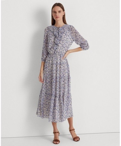 Women's Floral Crinkle Georgette Dress Blue/Cream/Pink $96.35 Dresses