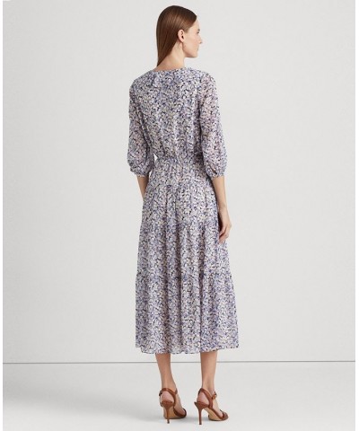 Women's Floral Crinkle Georgette Dress Blue/Cream/Pink $96.35 Dresses